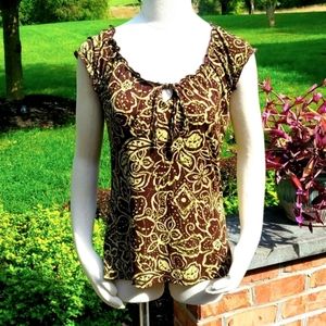 🍃 Carol Rose Green & Brown Patterned Short Sleeve Top